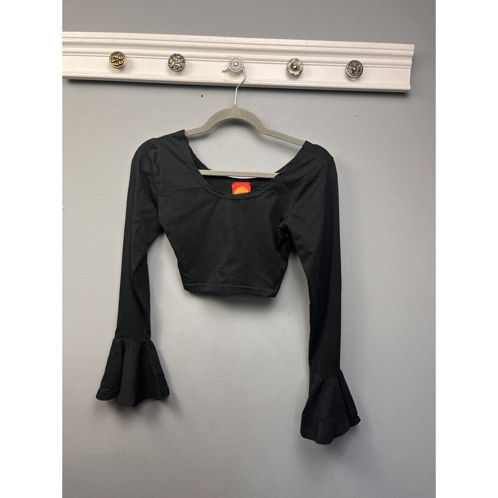Snap Cropped‎ Top Womens Small Black Bell Sleeves Stretch Festival Pullover